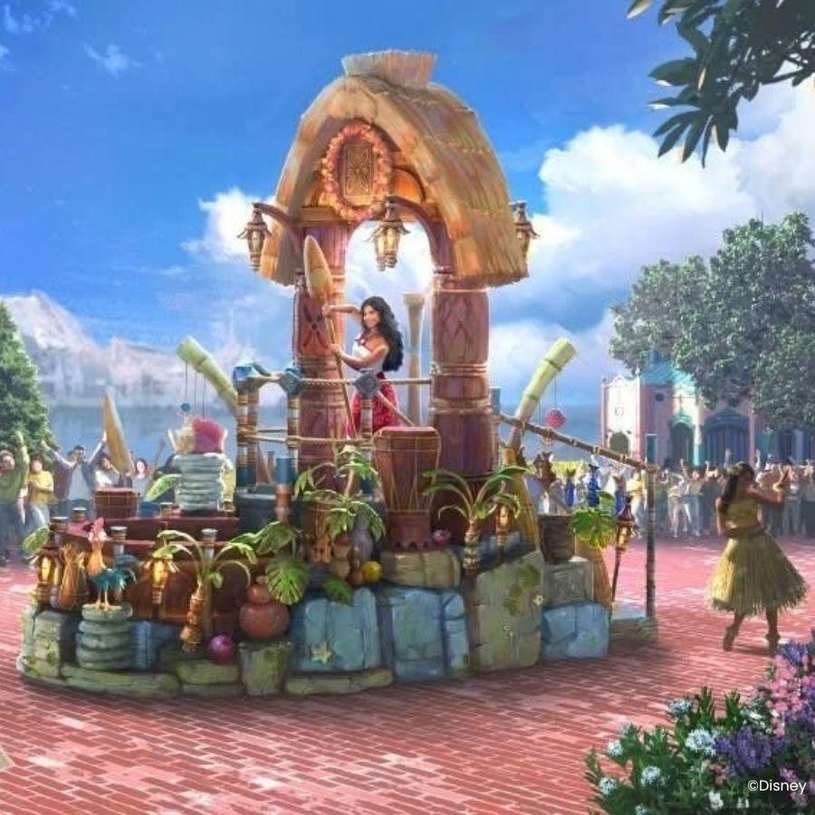 Kleurrijke paradewagen van Moana in de nieuwe Princess Cavalcade in Disney Adventure World