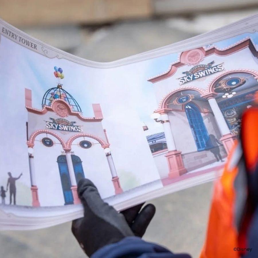 Schets van de entree voor de nieuwe UP! Attractie Wilderness Explorers Sky Swings